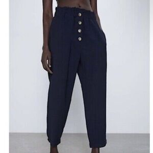 Zara High Rise Paperbag Navy Relaxed Fit Tapered Pull On Pants